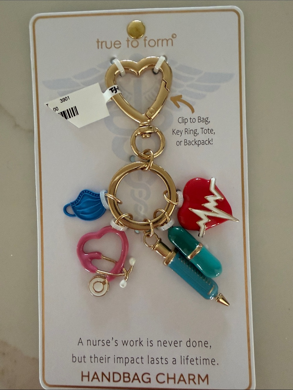 Gold Nurse-Themed Handbag Charm with Red, Teal, Pink, Blue Accents